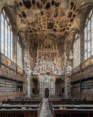 Ornate chapel interior,  stone carvings,  book-lined walls,  aged architecture