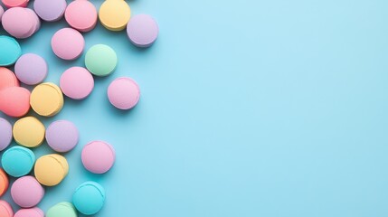 Colorful macarons on a blue background