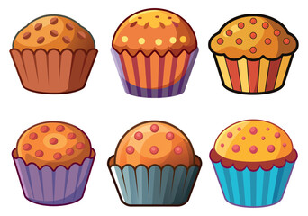 Delicious set of chocolate cupcakes, sweet bakery desserts with cream and cherry illustration
