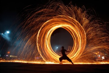 Dynamic Fire Dancer Creates Fiery Circle with Spinning Torches During an Outdoor Night Performance, Spark Trails