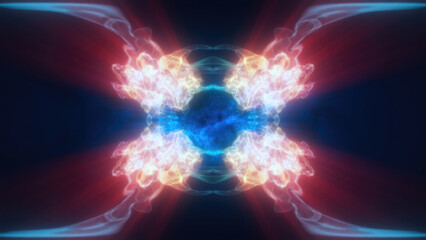 A mirrored abstract pink and blue swirling energy, forming a cosmic and futuristic design