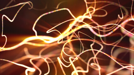 Golden-orange glowing light trails forming a dynamic and flowing abstract pattern futuristic backdrop
