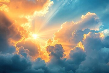 Fototapeta premium A breathtaking view of dramatic clouds illuminated by the golden rays of the sun breaking through. creating a stunning sky scene perfect for nature photography