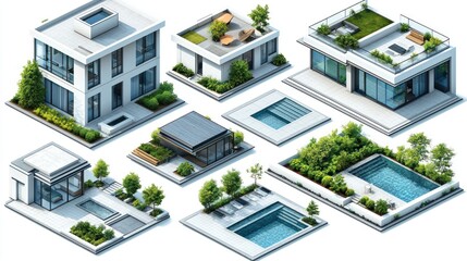 Isometric illustration showcasing diverse modern house designs, featuring rooftop gardens, pools, and landscaping