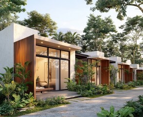 Modern wooden cabin surrounded by lush greenery. featuring large glass windows. situated in a serene park setting with trees and a clear sky in the background