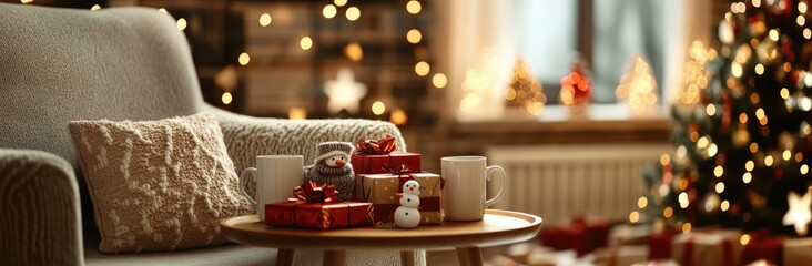 Cozy living room decorated for Christmas. featuring a soft armchair. festive ornaments. a beautifully lit tree. and holiday gifts. creating a warm. inviting atmosphere