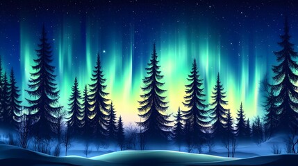 Magical Aurora Borealis Winter Forest Landscape