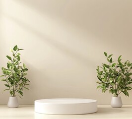 Minimalist stage setup featuring a circular backdrop with soft lighting. surrounded by lush greenery. perfect for presentations. photography. or artistic displays