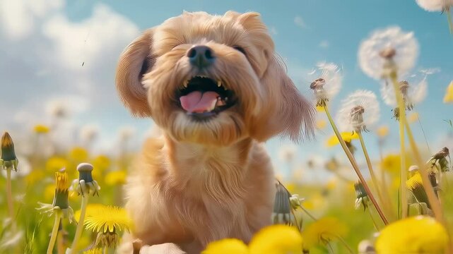 Fluffy shih tzu dog leaping through yellow dandelion field with white seed heads floating, blue sky background. Energetic puppy mid-motion with open mouth. Tilt camera motion capturing joyful moment.