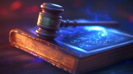Gavel on Ancient Book with Blue Glowing Embers