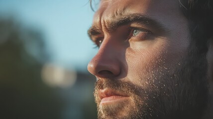 Close-up Profile Portrait of a Bearded Man Outdoors in Warm Sunlight