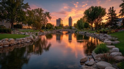 Obraz premium Colorful Sunset Over Cincinnati Skyline with River Reflections and City Lights