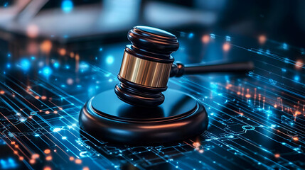 Gavel on Digital Circuit Board: Law and Technology Concept