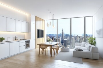 Fototapeta premium Modern living room interior with a stylish sofa and dining area. featuring large windows overlooking a vibrant city skyline with skyscrapers and greenery