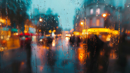 Fototapeta premium Urban melancholy: Rain streaks across a window, blurring city lights