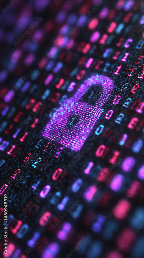 Poster abstract image of a padlock icon formed from binary code, glowing pink and blue, symbolizing digital