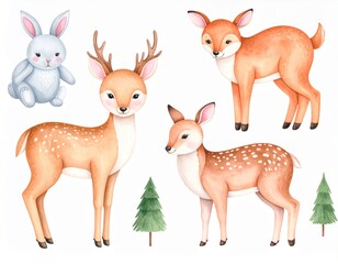 Fototapeta premium Woodland Animals in Soft Watercolor – Fox, deer, rabbit—adorable and bestsellers for nursery art