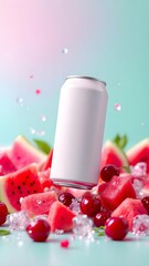 White soda can with watermelon slices, condensation, and mint green background