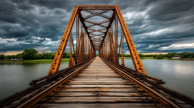 Rustic Old Railroad Bridge Over Calm River Dramatic Sky - Powered by Adobe