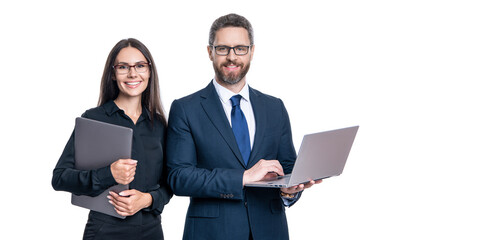 remote business work. boss and employee using laptop. businesspeople isolated on white. remote business online. busy businesspeople colleagues. agile business. Work on a deal