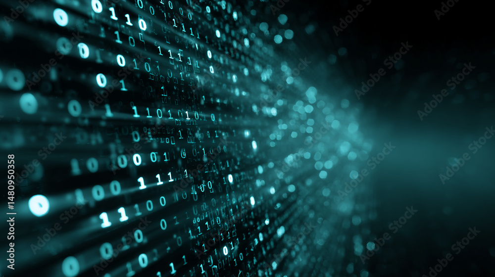 Poster abstract teal digital background with binary code flowing, suggesting speed, technology, and data pr