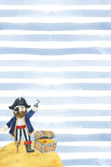 Pirate watercolor card template with a space for text. Pirate on the ocean with blue stripes
