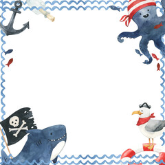 Pirate shark and octopus watercolor card. Shark, seagull, anchor and octopus hand drawn illustrations