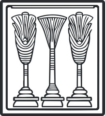 Black and white line art illustration of three trophies on display representing awards and achievement