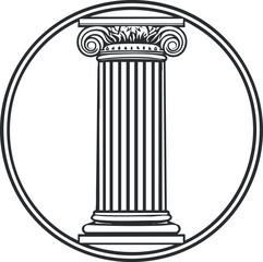 Black and white illustration of a classical Ionic column pillar with fluted shaft and decorative capital inside a circular frame