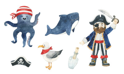 Pirate, octopus, shark seagull, bottle and pirate hat watercolor illustrations set. Hand drawn clipart for kids design