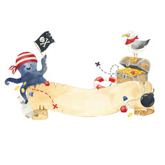 Watercolor vintage pirates banner. Octopus, seagull treasure chest pirate flag. Kids design, art, decor. Hand painted illustration for nursery, invitation, posters