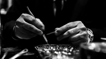 Closeup hands working intricate glass object using precision tools black and white photography