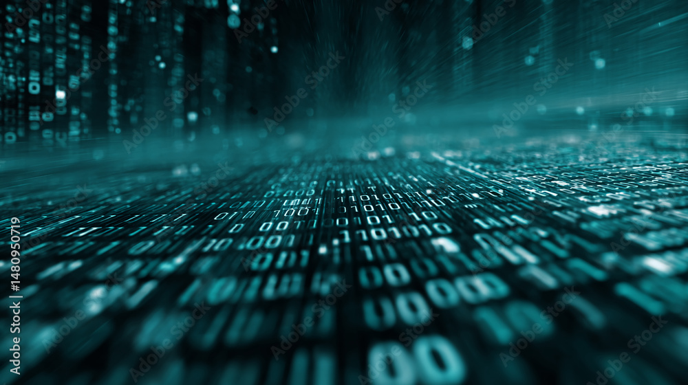 Poster teal digital code flows, creating a dynamic, technological background suitable for websites or prese