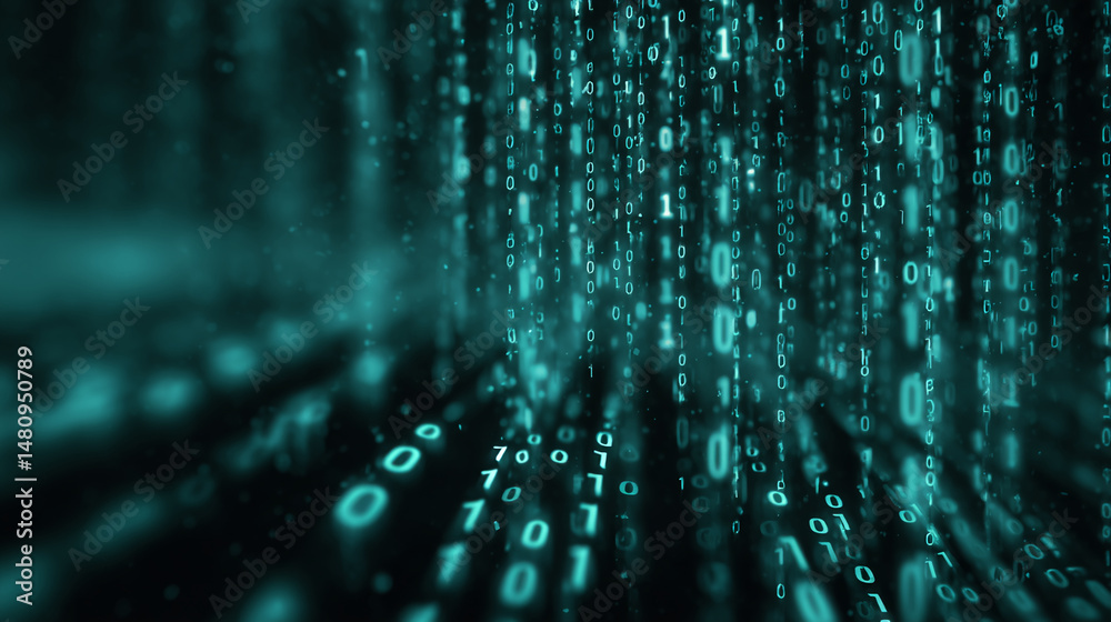 Poster teal digital numbers cascade, creating a dynamic, technological abstract background suitable for web