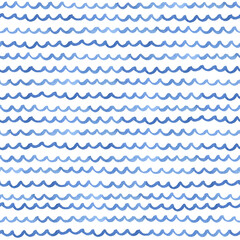 Blue waves watercolor seamless pattern. Sea waves illustrations hand drawn
