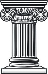 Black and white illustration of an Ionic architectural column with detailed fluted shaft and scroll capital