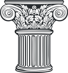 Black and white vector illustration of a classical ionic architectural column capital with floral and scroll details.