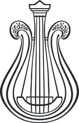 Black and white outline illustration of an ancient lyre string musical instrument with decorative details