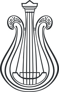 recommend clip art: Black and white outline illustration of an ancient lyre string musical instrument with decorative details