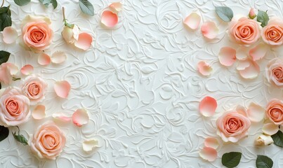pink rose leaves blossom background, floral roses pattern white empty blank copyspace spce for text, birthday wedding card greetings