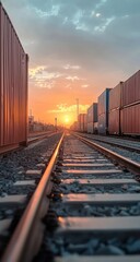 Sunrise over cargo train tracks.  Golden light illuminates shipping containers
