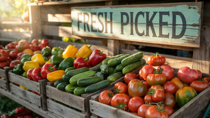 Freshly picked vegetables displayed in rustic wooden crates at a farmers market