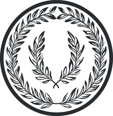 Black and white laurel wreath circular emblem with leafy branches in a decorative frame