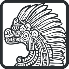 Black and white line art illustration of an ancient Aztec or Mayan tribal headdress with intricate patterns and feathers