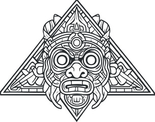 Black and white tribal mask illustration with ornamental and mystical design inside a triangle shape