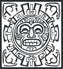 Black and white Aztec or Mayan tribal face symbol with geometric and ornamental design