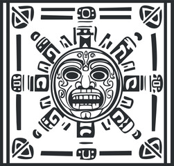 Black and white Aztec sun calendar symbol with tribal face and geometric patterns in square frame