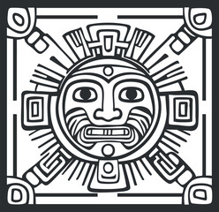 Black and white Aztec sun stone symbol with tribal face and geometric patterns