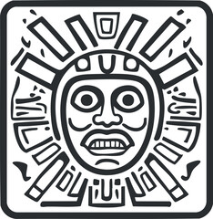 Black and white Aztec tribal mask illustration with geometric patterns in square frame
