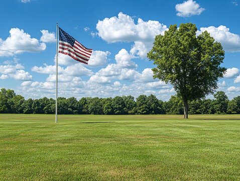 Waving American Flag on Green Meadow - Panoramic Wide-Angle Natural Light Photography with Blue Sky, White Clouds, and Tree Shadows for Patriotic Themes, Outdoor Ads